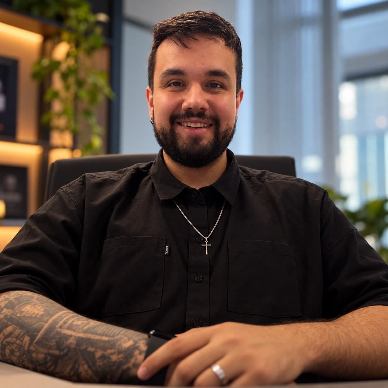 Gabriel sorrindo, sentado à mesa de trabalho, de camisa preta